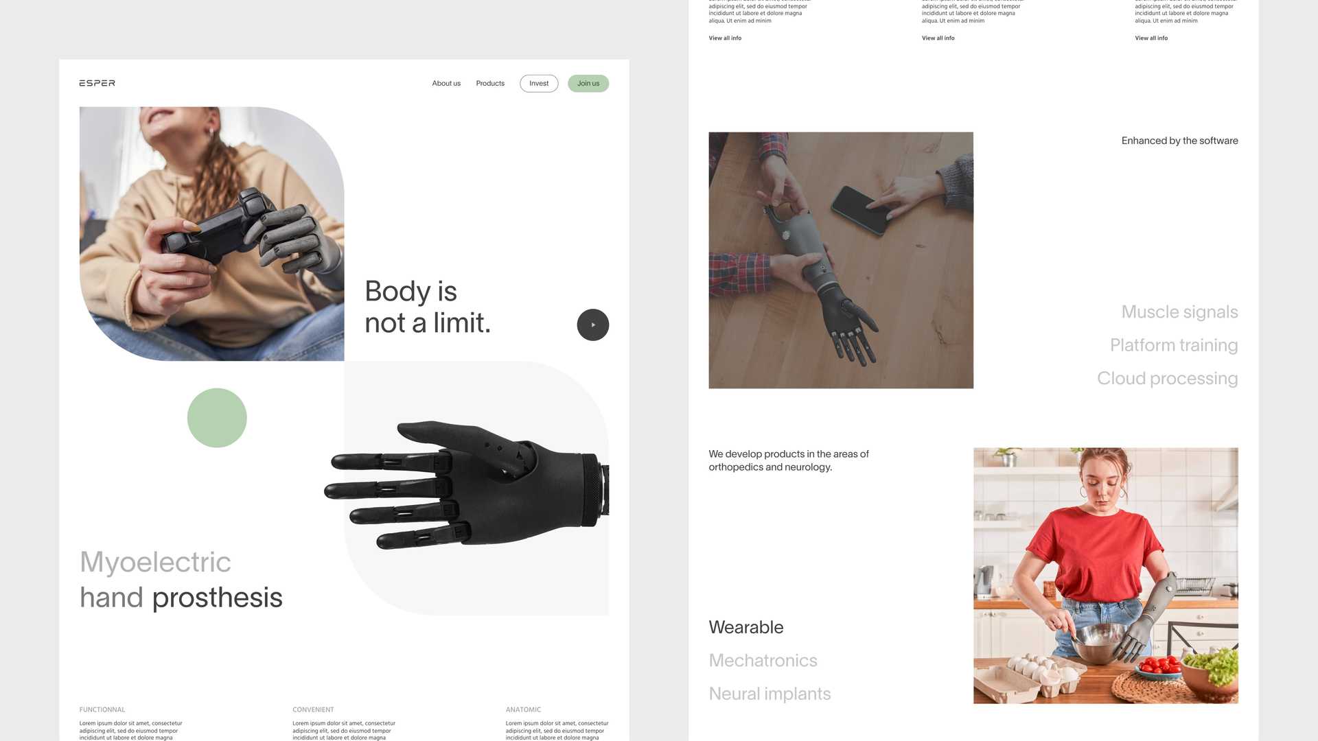 Image du projet Esper hand (Esper bionics). Mise en page de plusieurs écrans web pour présentation d'un projet UX / UI. 